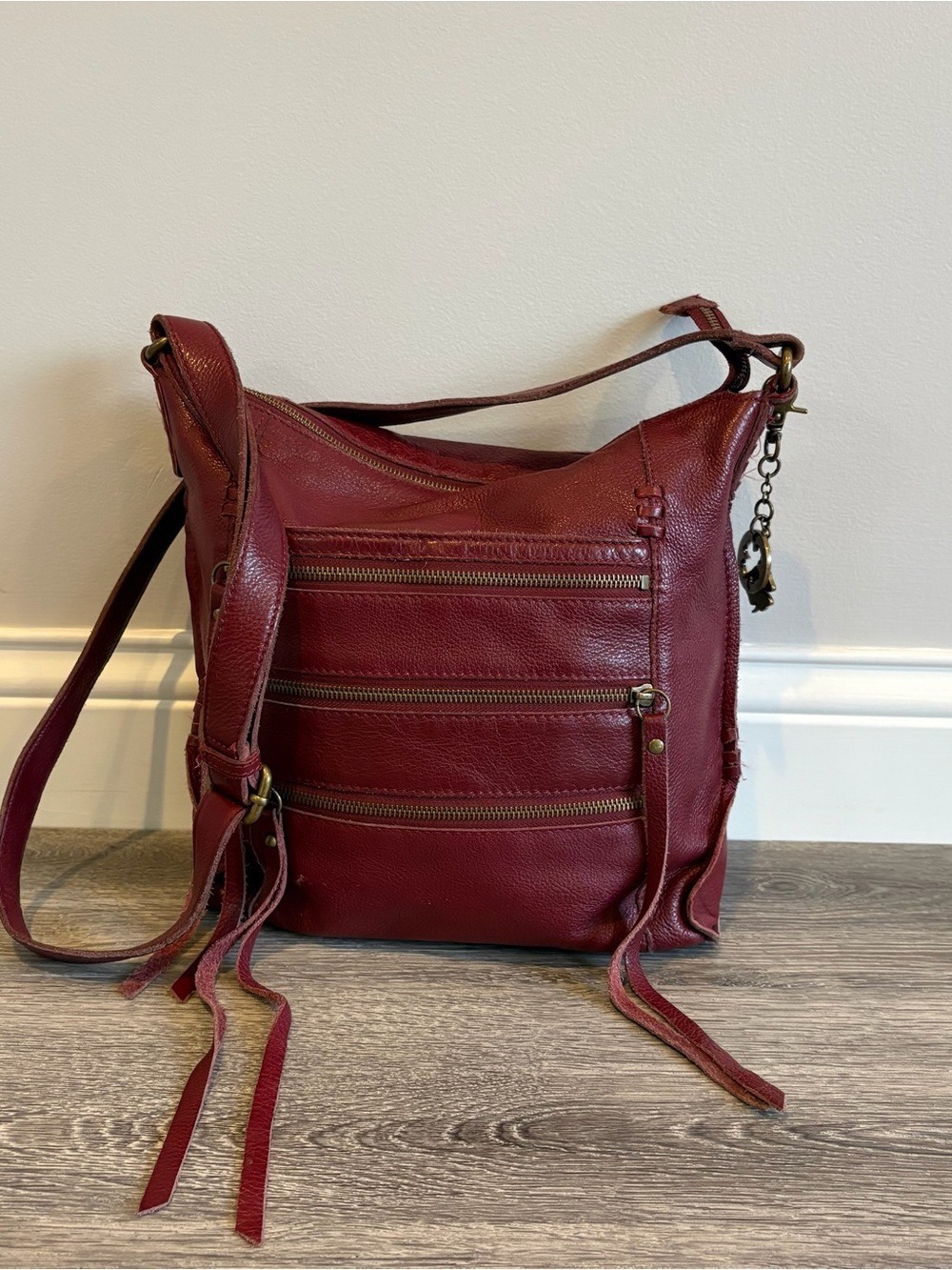 Lucky Brand Red Leather Hobo Crossbody Bag Triple Zip Pockets Boho